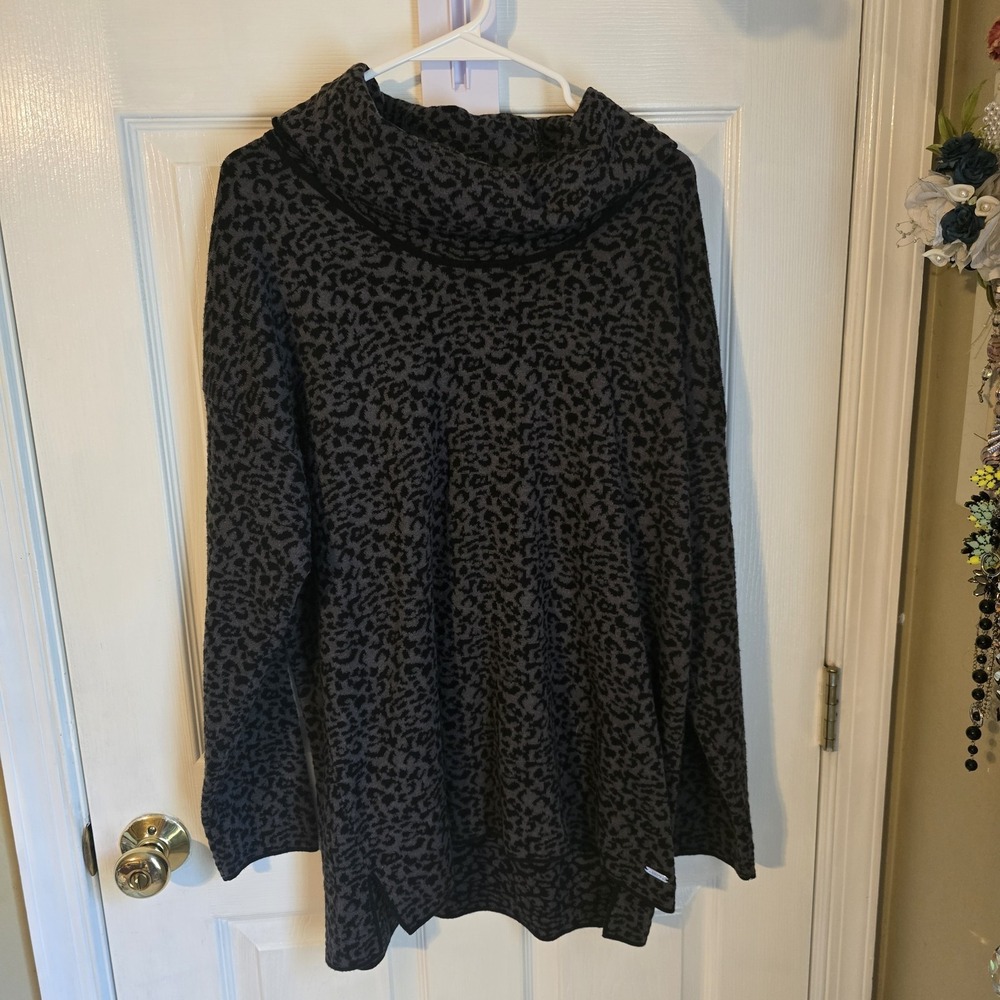 Calvin Klein Womens Leopard Print Cowl Neck Sweater‎ Sz Large Black Grey Acrylic